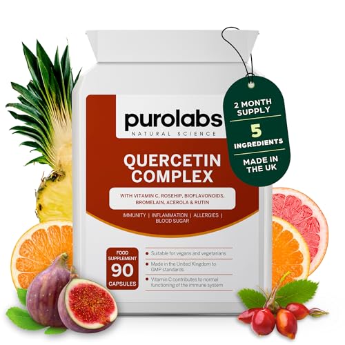 Purolabs Quercetin Supplement 500mg with Quercetin Bromelain & Vitamin C – High Strength Antioxidant & Immune Support Complex with Bioflavonoids, Rosehip & Rutin – 90 Vegan Capsules