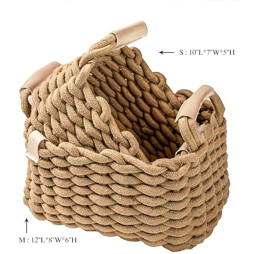 Image of ART pinecone 2 Pack Rectangle nursery baskets, Cotton Rope Foldable Baskets, Hand Woven Cube Storage bins for Jewelry, Cute baby storage woven basket(Camel)