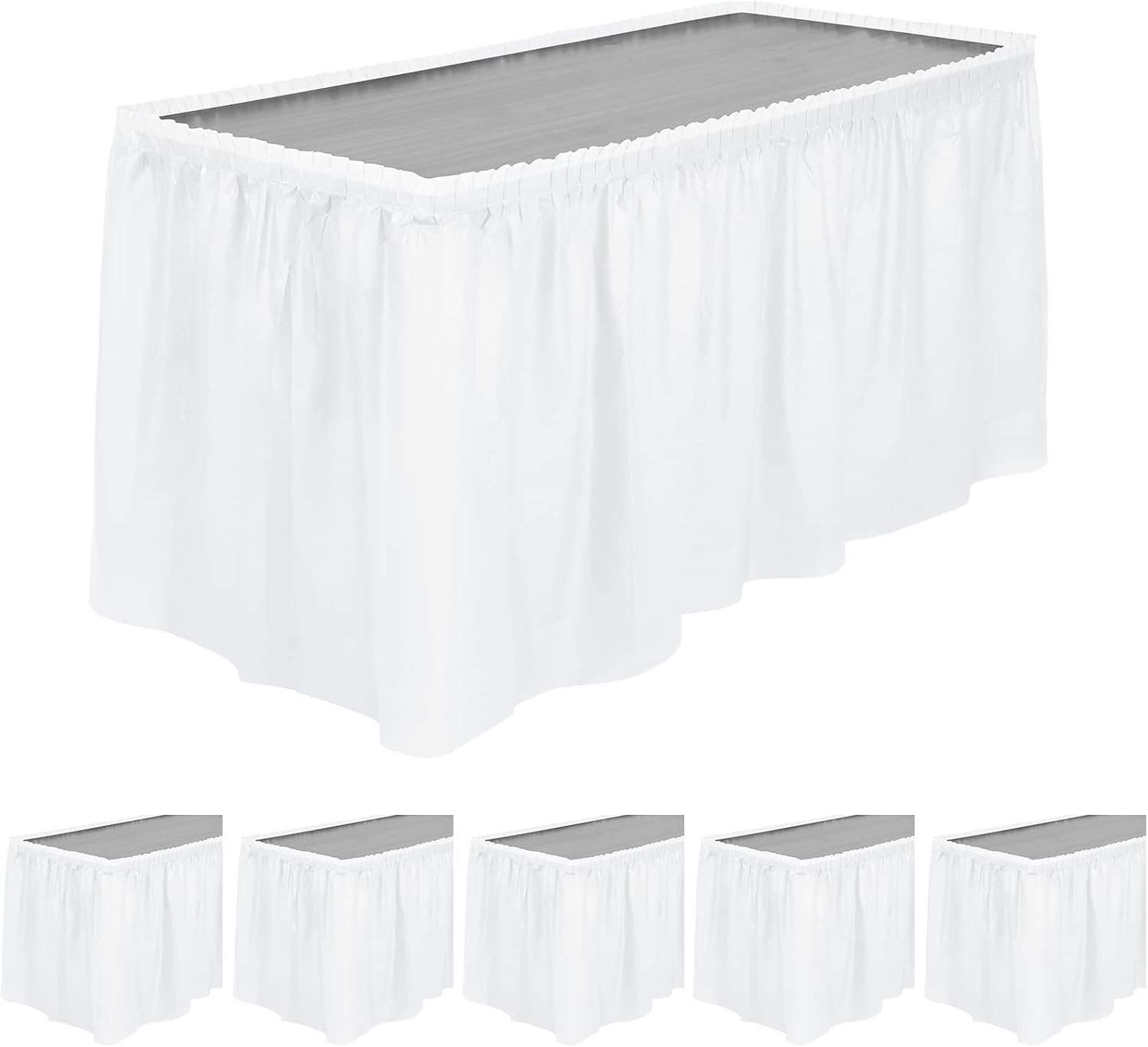 TURSTIN 6 faldas de mesa de plástico blanco de 14 x 29 pulgadas para mesas rectangulares, mantel ajustable, mantel desechable para fiestas de