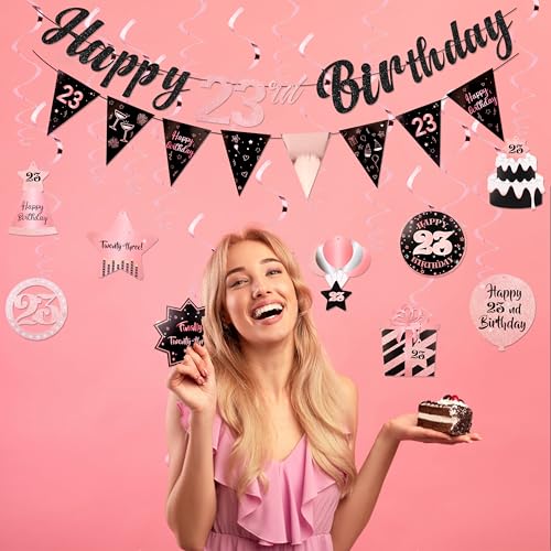 Image of 23rd Birthday Decorations for Women Rose Gold Pink Pre Strung Happy 23rd Birthday Banner and Hanging Swirls 23 Year Old Party Decorations Supplies