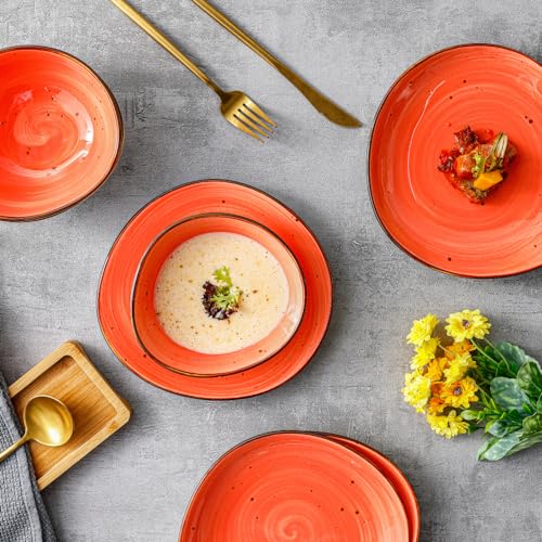 Kadum Potosi 8-teiliges Geschirrset für 4 Personen | Speiseteller Keramikteller hochwertige Keramik Bowls Saladbowls | 4x Frühstücksteller Ø 21,0 cm & 4x Salatbowl Ø 15,0 cm (Rot-Orange)