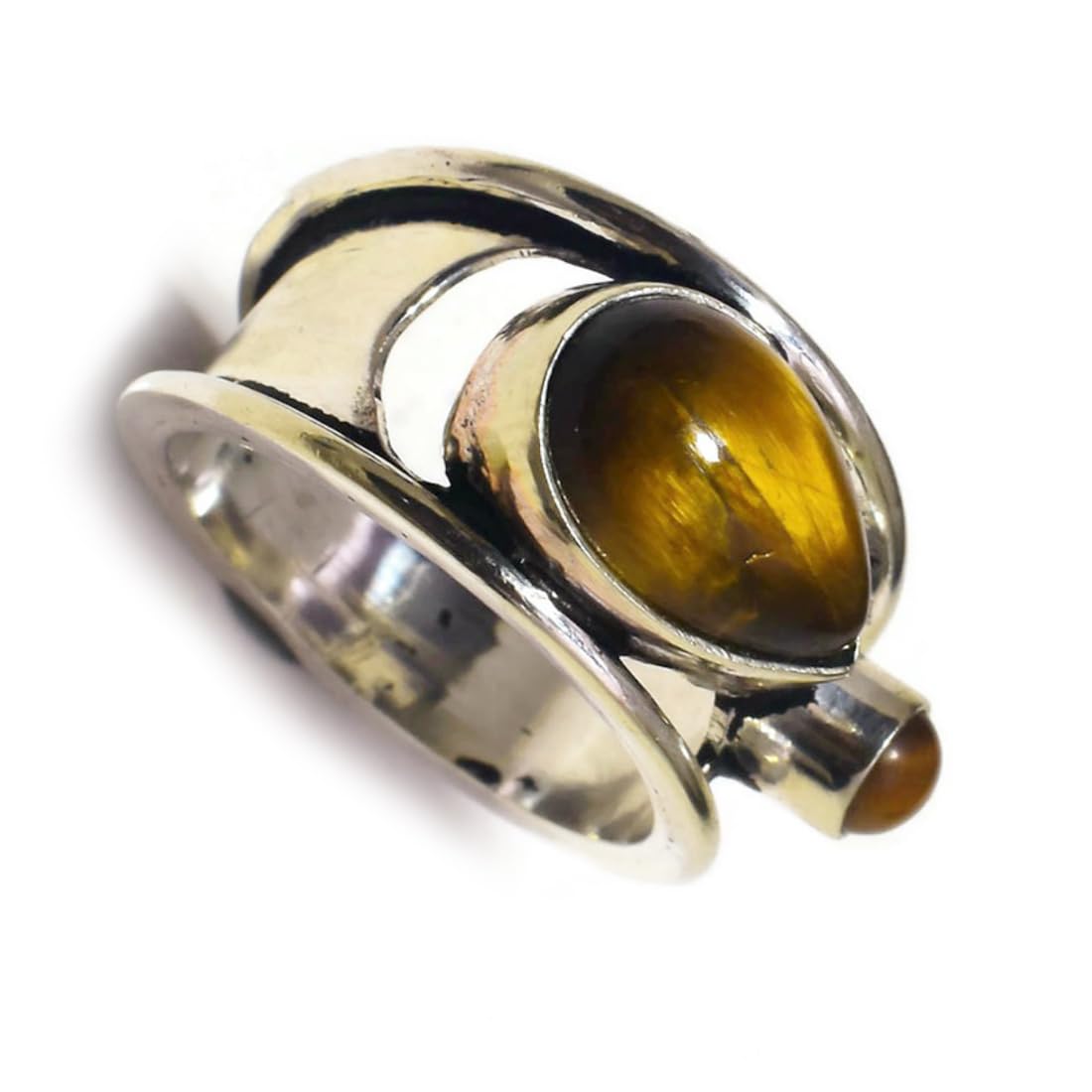 Jewels HouseGolden Tigers Eye Cabochon Round and Pear Gemstone Handmade Two Stone Statement Ring US-6.75, Gemstone, golden tiger eye