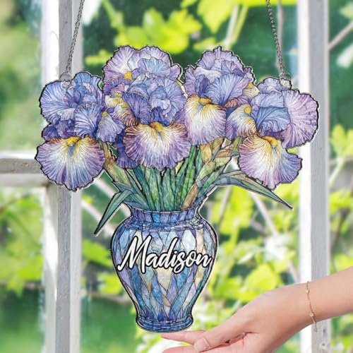 Iris Suncatchers for Windows Hanging, Personalized Birth Month Flower Sun Catchers Indoor Window Decor, Everlasting Iris in Vase Christmas Ornaments, Birthday