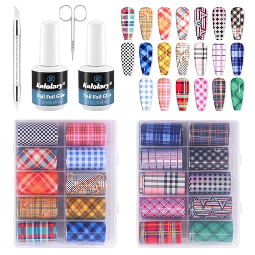 Kalolary 30ML Nail Foil Glue Gel with 20Pcs Buffalo Plaid Foil Transfer Stickers Set Transfer Stickers DIY Decoration for Salon or Home Use