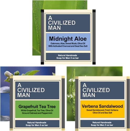 A Civilized Man | Bar Soap for Men | Gentlemen's Pack of 3 | Midnight Aloe, Verbena Sandalwood, Grapefruit Tea Tree Scents | 5oz Soap Bar | Hand-Made | Cold-Process