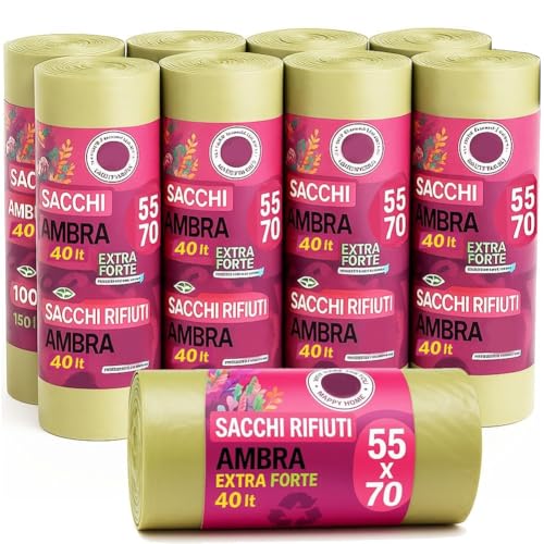 BAKAJI Set 150 Sacchetti per Spazzatura Grandi, Sacchi Immondizia in Plastica Riciclata Resistente, Busta Capacità per Sacchetto 40 Litri, Buste Resistenti alle Intemperie (Ambra 55 x 70 cm)
