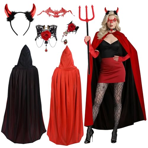 Vampire Costume Femme, Noir Rouge Réversible Cape deguisement avec Trident, Bas Toile Araignée, Masque Chauve Souris, Gants et Parure Collier Bracelet, Déguisement Femme pour Carnaval, Halloween