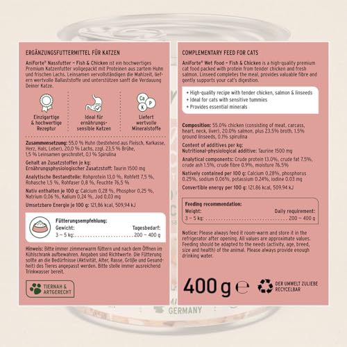 AniForte Fish & Chicken Nassfutter für Katzen 6 x 400 g – Natürliches Katzenfutter nass getreidefrei, viel frisches Lachs & Huhn, Katzennassfutter getreidefrei, Futter für Katzen, Wet cat Food