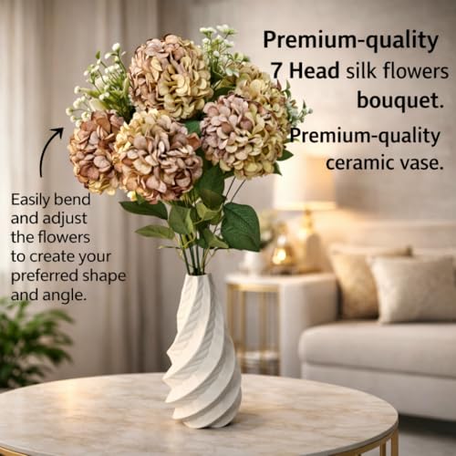 Image of Premium Combo Artificial Flower Bouquet with Ceramic Vase | 7 Head Real Touch Flowers | Luxury Home Decor for Living Room Bedroom Office Center Table(ND-15)