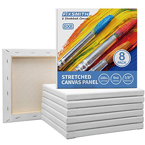 Image of FIXSMITH Stretched White Blank Canvas- 8x8 Inch,8 Pack,Primed,100% Cotton,5 /8 Inch Profile of Super Value Pack for Acrylics,Oils & Other Painting Media.