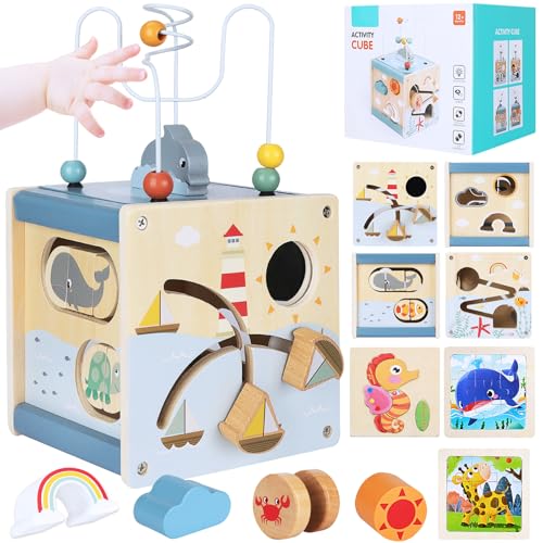 KIMIGO Cubo Actividades Bebe,6-in-1 Educativo Juguetes Montessori,Cubo de Actividades Bebe,Bebe Educativos Regalo Juguete,Juguete de Madera Montessori,Juegos Educativos para Niños de 1 a 4 Años