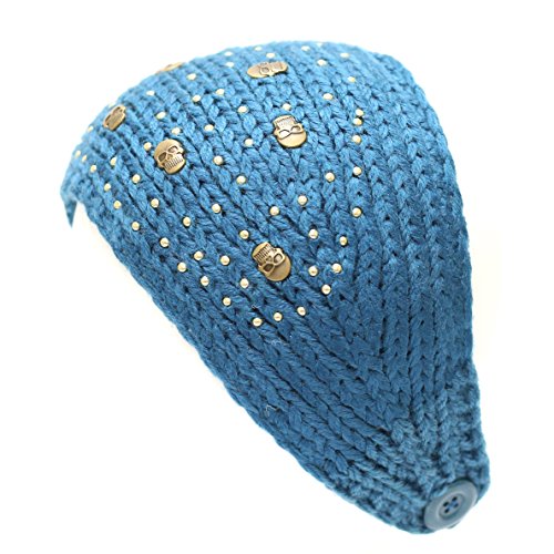 The Hat Depot 700hb-34a Hand Knit Crocheted Headband with Skull Jewels-6colors (Teal)