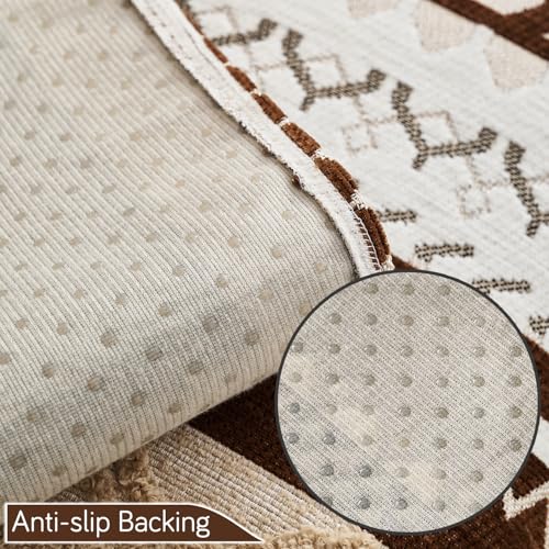 Image of HOKIPO Nordic Boho Geometric Sofa Armrest Cover with Tassel (2 Pc) 'NordicTassel Series' Arm Cover, Chocolate Brown (AR-6550-BRN*2)