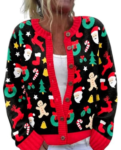 Image of Women's Funny Fall Winter Animal Floral Christmas Tree Long Sleeve Button Knit Cardigan Sweater