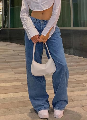 Women's Casual High Waist Straight Leg Jeans Stretch Distressed Baggy Wide Leg Boyfried Denim Pants with Pockets4