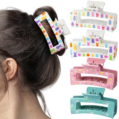 PANTIDE 4Pcs Easter Hair Claw Clips for Women Girls - Cute Bunny Rabbit Egg Rectangle Nonslip Banana Hair Clips, Thin Thick Short Long Curly Accessories, Easter Spring Party Birthday Gift