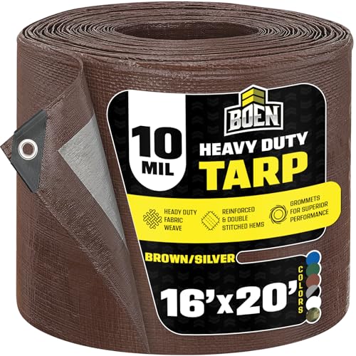 Heavy Duty Tarp Waterproof 16x20, Brown/Silver 10 Mil Rip Proof Cover UV
