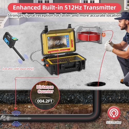 Image of Sanyipace Sewer Camera with 512Hz Sonde & Self-Leveling, 7mm Push Cable, IP68 Waterproof Borescope Camera, Wireless Keyboard, Plumbing Camera with Lights, 100FT /30M for Sewer Line Blockage Detection
