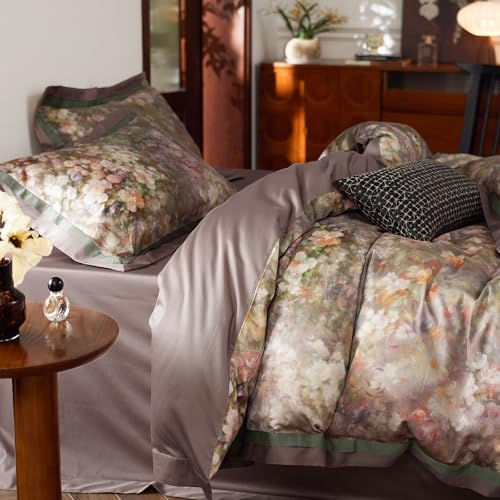 mixinni Vintage Floral Duvet Cover Set - Queen Size, 100% Long Staple Cotton Percale, Reversible Garden Style Bedding Set with Zipper Closure, 3-Piece Luxury Duvet Cover with 2 Pillow Shams (20