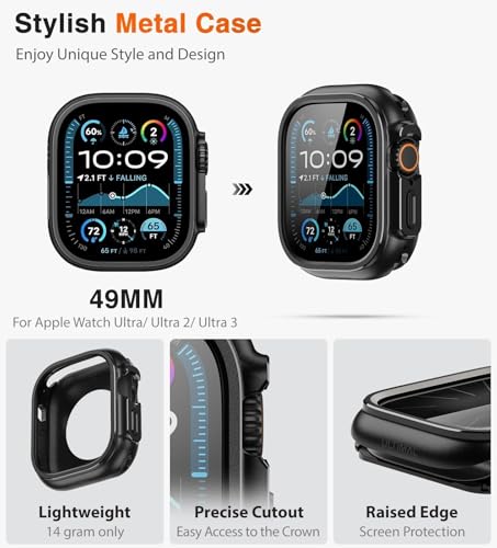 Image of ULTIMAL 3 in 1 Alloy Case for Apple Watch Ultra 3 /2 /1 49mm with Dual-Layer Shockproof Bumper, 9H Tempered Glass Screen Protector & Ceramic-Like Back Cover, Black
