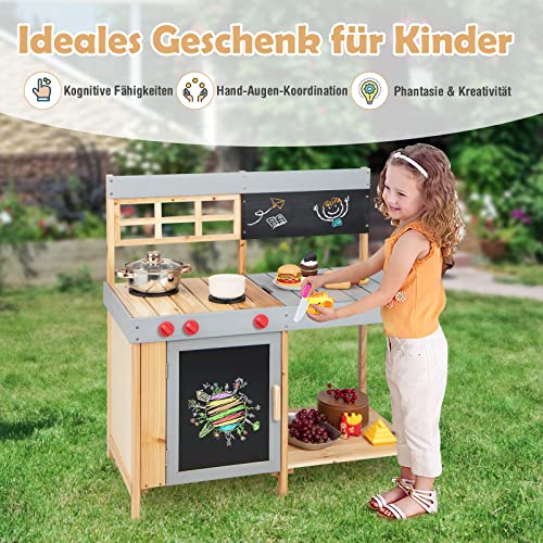 Foto von GOPLUS Kinderküche aus Massivholz, Stabile Matschküche mit Wasserbecken & Kreidetafel, Küche Spielset mit Kochfeld & Große Arbeitsplatte, für Garten, Terrasse & Balkon, für Kinder ab 3 Jahren alt