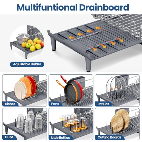 Image of NTD Expandable Dish Drying Rack for Kitchen Counter, 16.7 inch-26.8 inch, Gray | Large Multifunctional Dish Drainers, Anti-Rust, with Cutlery & Cup Holders, Self-Draining Drainboard, FIts for 4-5 People