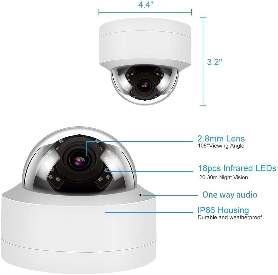 Diagram detailing the dimensions and features of the dome camera, including 4.4 inch width, 3.2 inch height, 2.8mm lens, 108 degree viewing angle, 18 infrared LEDs, one-way audio, and IP66 housing.