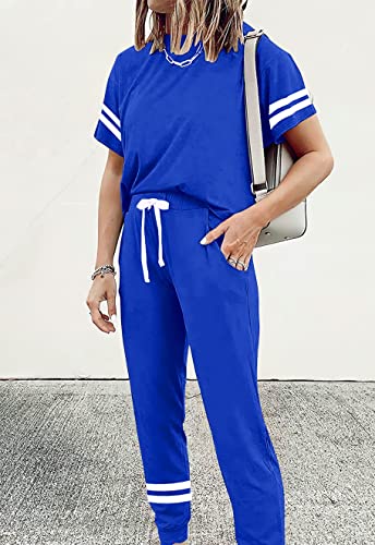 Image of PRETTYGARDEN Women Summer Two Piece Outfits Striped Short Sleeve Pullover and Long Pants Tracksuit Travel Pajama Lounge Set