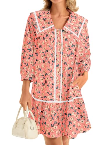 Image of Wenrine Womens Casual Shirt Dresses 3 /4 Long Sleeve Floral Button Down Flowy Babydoll Fall Mini Dress