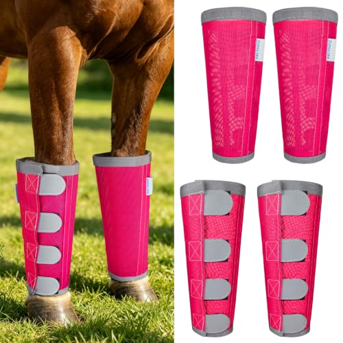 Image of Reflective Horse Fly Boots Set of 4, Loose Fitting Leggings for Horses, Equine Fly Leg Wraps Socks for 4 Legs, Breathable Adjustable and Universal Fit, Reliable Stay Put and on (Magenta)