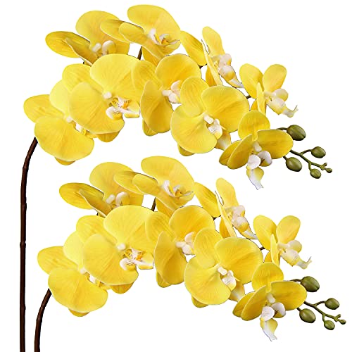 36" Faux Orchid Real Touch Signal Stem Phalaenopsis Orchid Spray with 9 Large Flowers for Home Arrangement, Artificial Flowers for Home Decor, Office House Decoration-Yellow Phalaenopsis 2 Pcs