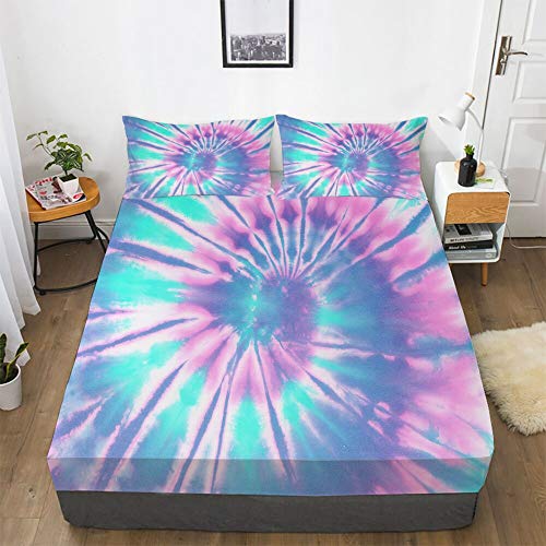 Musolei Tie Dye Fitted Sheet Set Girls Pink Blue Bedding Set 2Pcs Boho Bed Set Deep Pocket Fitted Sheet With 1 Pillowcases Wrinkle Free Cozy Microfiber(01,Twin) #TOP1