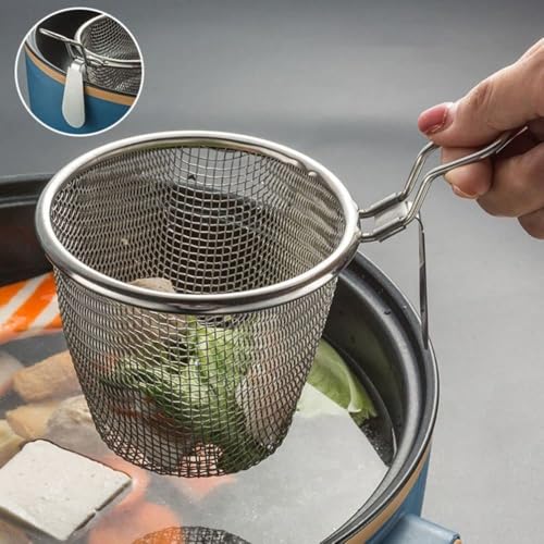 Image of Fry Basket Stainless Steel Fine Wire Mesh Food Colander Strainer Small Hot Frying Pan Filter Basket Sieve Dryer for Noodle Dumplings Kitchen Tools, Diameter 4.33 inches