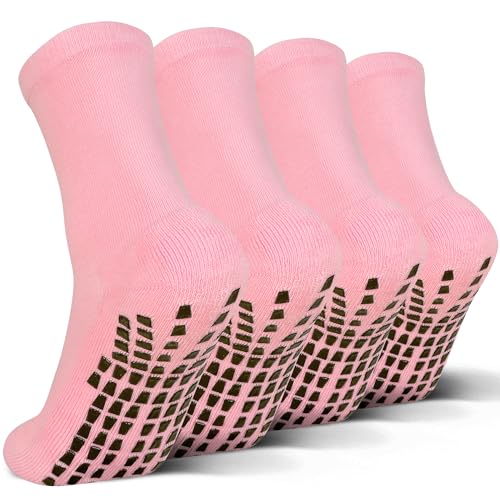 Raigoo Grip Socks For Kids(4-16 Years Old) Youth Boys & Girls, Cushioned Sport Athletic Hospital Socks, 4 Pairs Pink, 8-11 Years