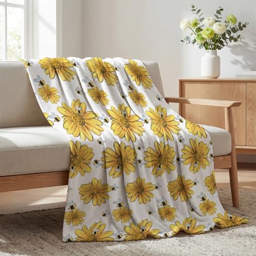 Horaldaily Spring Summer Flannel Blanket Throw Yellow Sunflower Bumble Bee White Fall Soft Fuzzy Plush Cozy Fleece Blankets for Couch Sofa Bed Lounging Ideal Gifts for Kids Adults Self 50x60