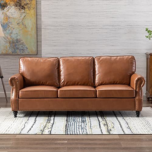 Dreamsir 79'' Traditional Faux Leather Sofa Couch With Nailhead Trim, Classic 3-Seater Sofa With Rolled Arm For Living Room, Bedroom, Apartment, Easy Assembly (Brown) #TOP6
