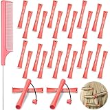 Chuangdi 24 Pcs Hair Perm Rods Plastic Cold Wave Perming Curlers Hair Rollers with Steel Pintail Comb Rat Tail Comb Tools for Hairdressing Styling(Pink,0.51 Inches)