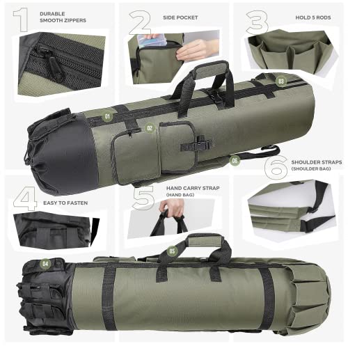 Allnice Fishing Rod Case Update Fishing Pole Bag Double Shoulder Straps Fishing Rod Travel Case Large Capacity Fishing Rod & Reel Organizer Bag Gift For Men - Holds 5 Poles & Tackle (Green) #TOP1