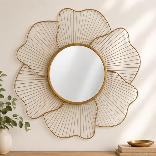 Image of Artemade Gold Flower Wall Mirror, 24 Inch Round Metal Frame Decorative Accent Mirror for Living Room, Bedroom, Entryway, Bathroom