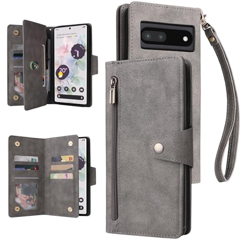 Étui portefeuille Google Pixel 6A gris protection cuir housse coque à zip