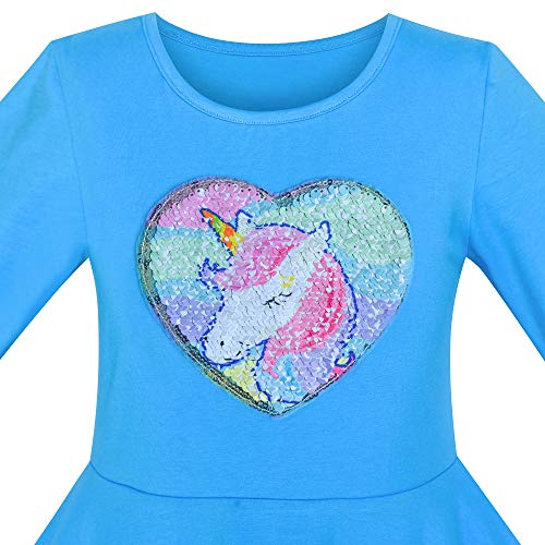 Sunny Fashion Girls Dress Cotton Blue Unicorn Sequin Long Sleeve Casual Size 44