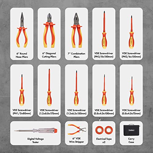 VonHaus Electrician Screwdriver and Pliers Tool Set - Insulated Screwdriver Set for Safe Electrical Work - 1000V VDE Tested - Includes Voltage Tester, Wire Stripper, Tape - Electricians Tools