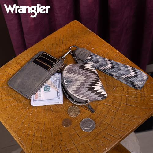 Image of Wrangler Aztec Keychain Wristlet Wallets for Women Western Dual Pouch Wristlet Credit Card Holder Wallet with Zipper Pocket WG2211-W0051GY