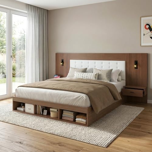Sapgaks Lit Double 180×200cm avec Port USB et Lampe de Lecture,Lit en Bois avec Fonction de Stockage, Tête de lit Large avec 2 Tables de Chevet, Cadre à...