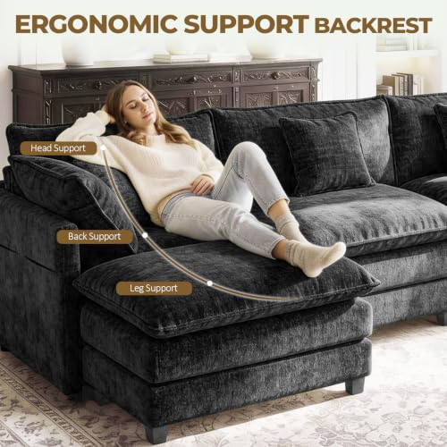 Image of 112 inch L-Shape Modular Sofa with 1 Ottomans, Deep Seat Cloud Convertible Sleeper, 3 Throw 2 Arm Pillows, Comfortable Upholstered Furniture for Living Room Apartment, Black