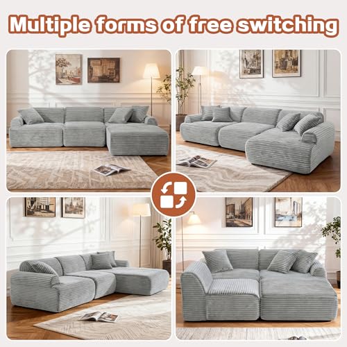 Image of KEIKI 2Seat Modular Boneless Sectional Corduroy Sofa Couch with Chaise for City Apartment Small Space Family Friendly Homeowners Warm Inviting Comfy Supportive Rest Space Premium Design Grey
