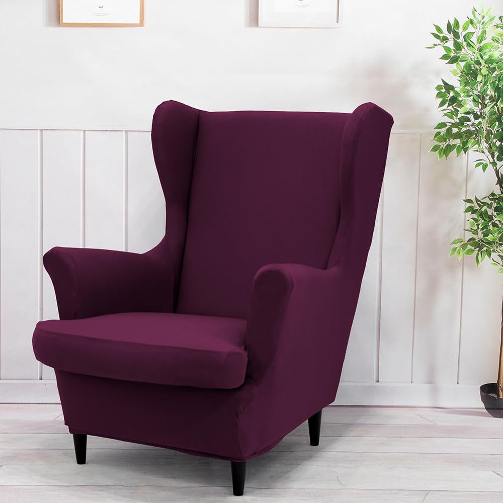 Highdi Wingback Chair Covers 2 Piece Stretch Wing Chair Cover Solid Color Sofa Cover Armchair Slipcover Washable Non Slip Furniture Protector for Living Room Bedroom Hotel (Reddishviolet) — image 1