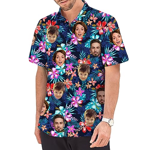 DIYKST Custom Casual Hawaiian Floral Shirt with Pet Face for Men Personalized Photo Beach Tropical Floral Aloha Shirt