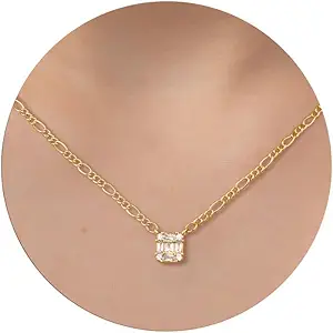 CHESKY Diamond Pendant Necklace for Women,Dainty Gold Necklace 14k Gold Plated Figaro Chain Choker Necklaces Cute Simple Cubic Zirconia Trendy Necklace Jewelry Gifts for Women