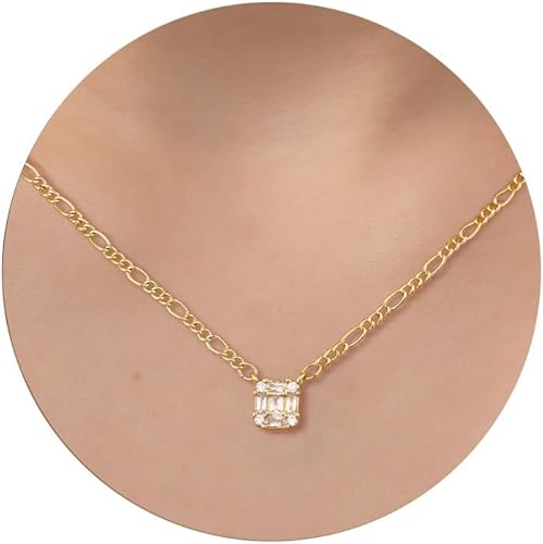 CHESKY Diamond Pendant Necklace for Women,Dainty Gold Necklace 14k Gold Plated Figaro Chain Choker Necklaces Cute Simple Cubic Zirconia Trendy Necklace Jewelry Gifts for Women